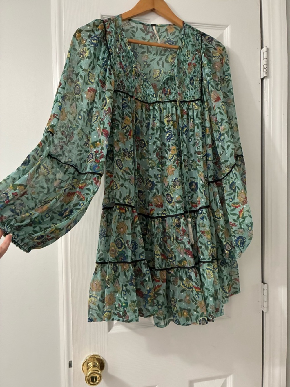 Free People Floral Tiered Mini Dress in Seafoam Green
